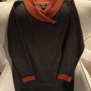 Jones & Co Dark Grey Cardigan With Orange Trim On Collar, Cuffs And Lining.